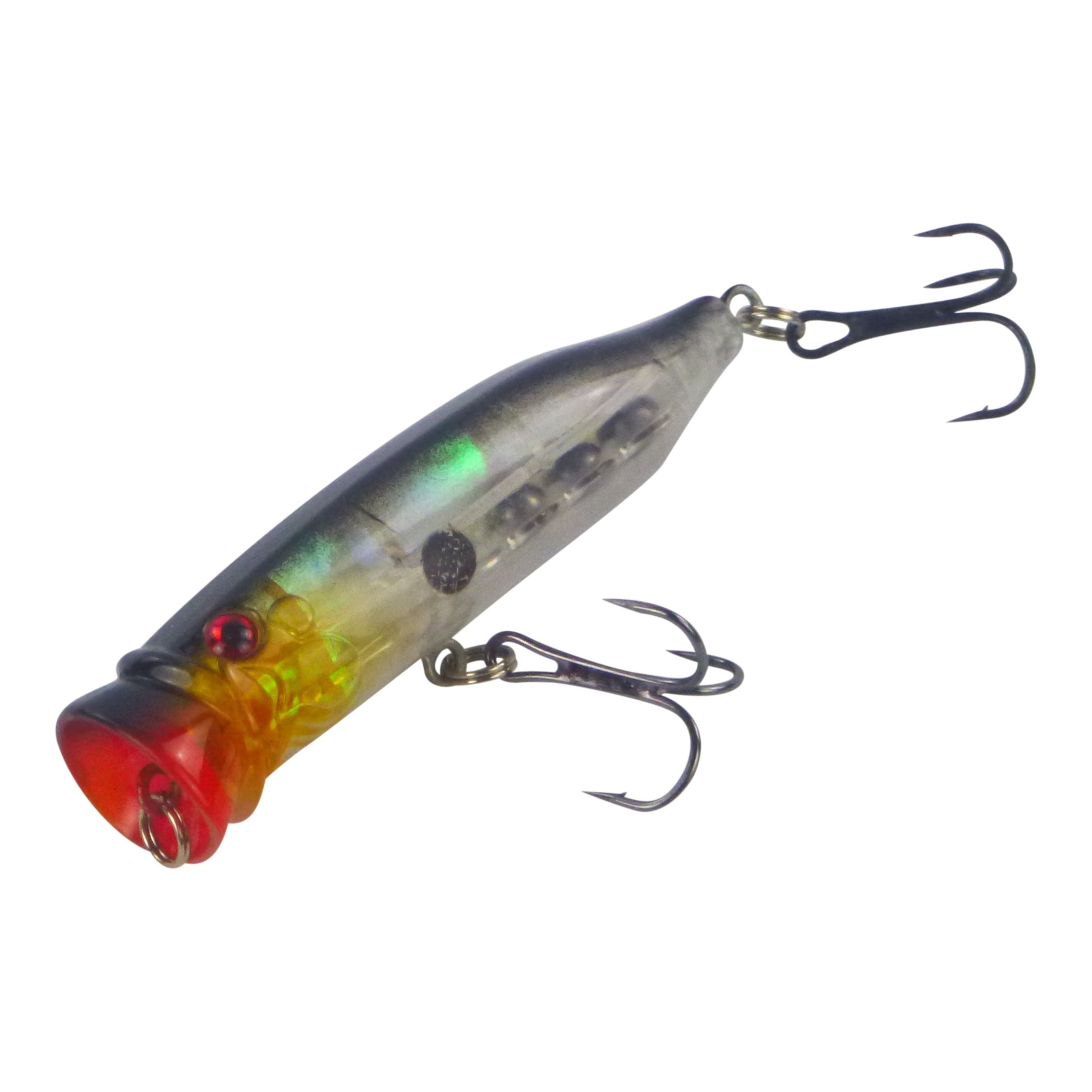 Surface fishing lure with metallic body, green stripe, red tail, and two treble hooks