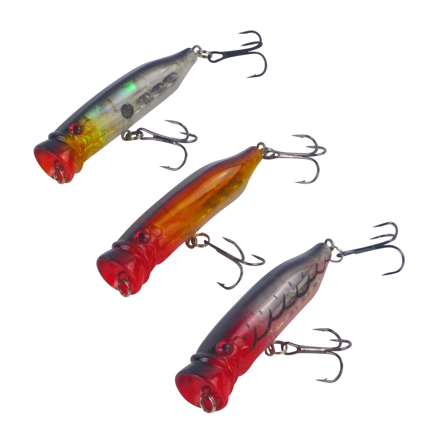 Surface fishing lure set with three popper-style lures in gray, orange, and red