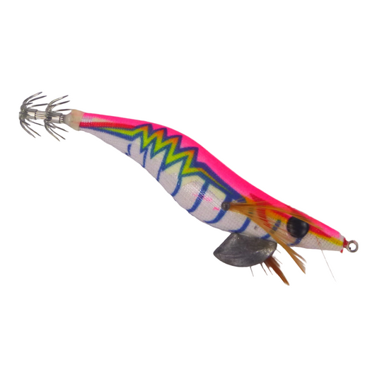 Squid jig with neon pink body and multicolor zigzag stripes, front tentacle hooks