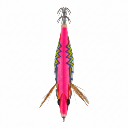 Squid jig with neon pink, blue and yellow zigzag pattern and dangling tentacles