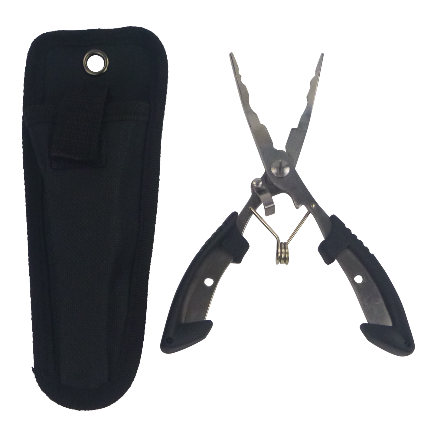 Fishing pliers with black belt sheath and stainless jaws