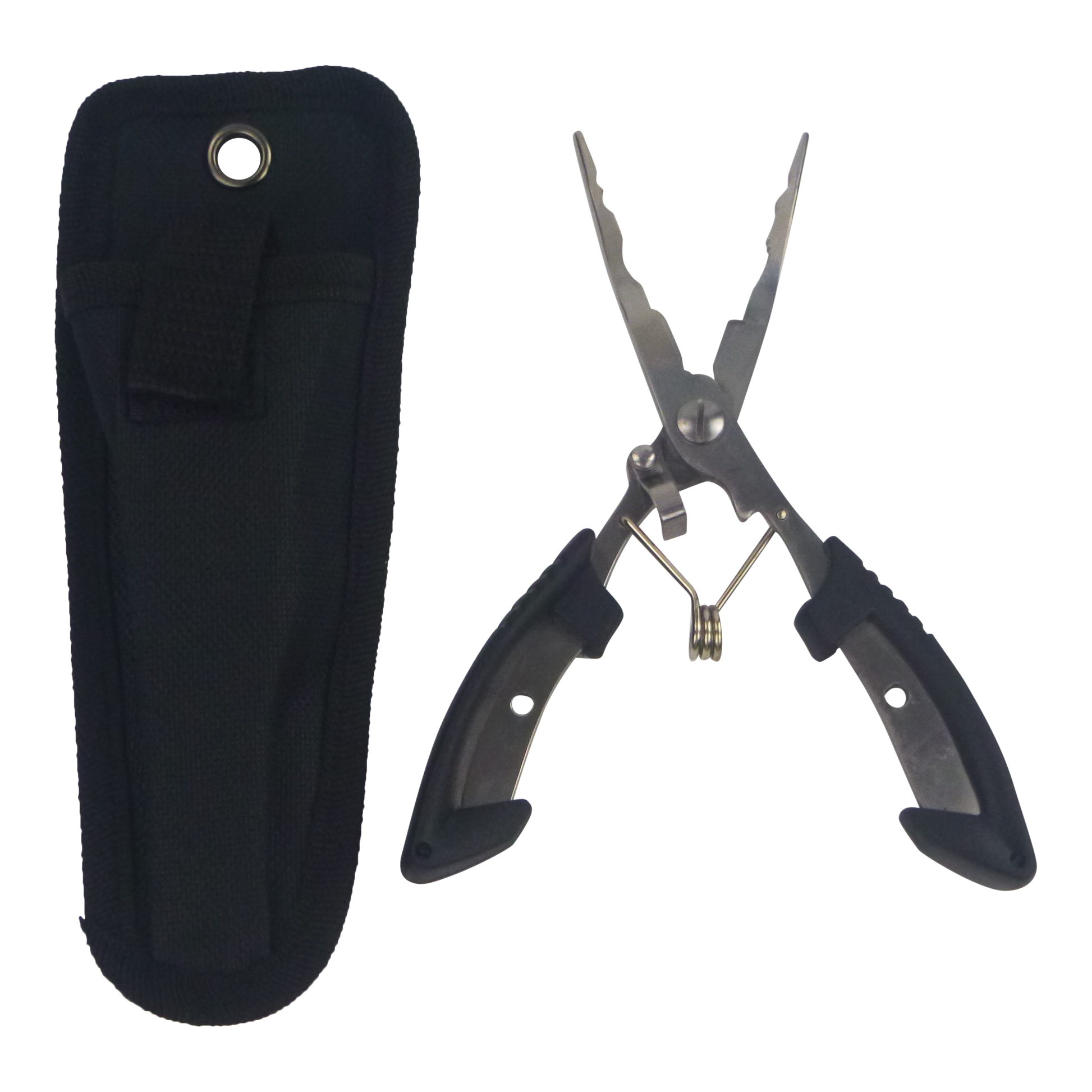 Fishing pliers with black belt sheath and stainless jaws