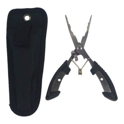 Fishing pliers with black belt sheath and stainless jaws