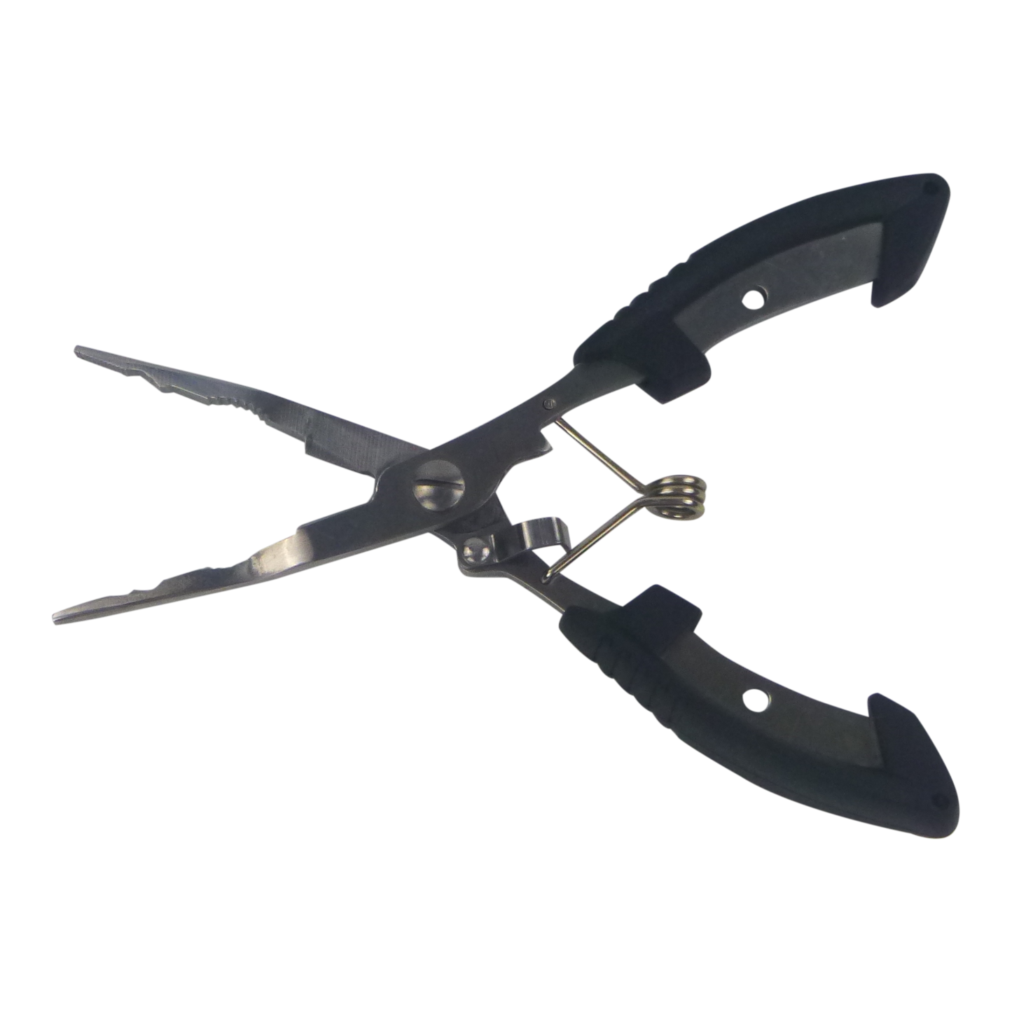 Straight fishing pliers with black handle grips and stainless jaws, 175mm