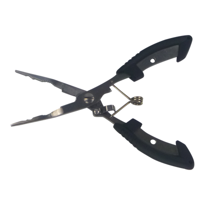 Straight fishing pliers with black handle grips and stainless jaws, 175mm