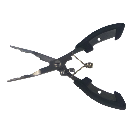Straight fishing pliers with black handle grips and stainless jaws, 175mm