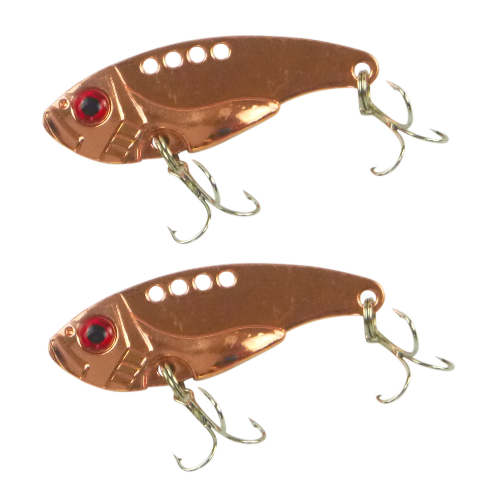 Red gold metal fishing lure set of two with red eyes and treble hooks