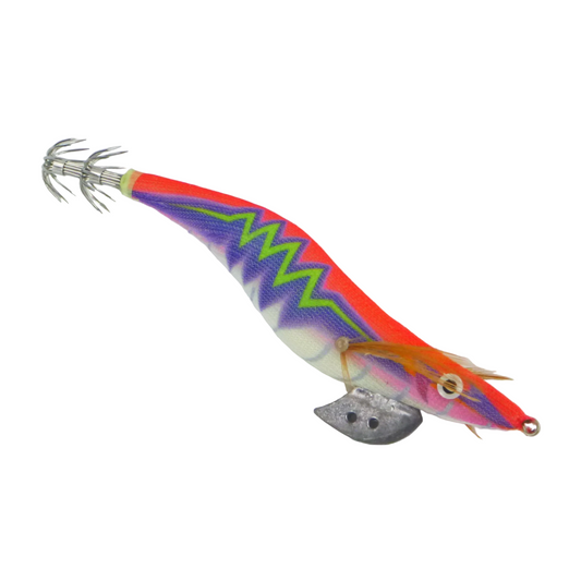 Squid jig lure with red-purple-green body and silver tentacle skirt, size 3.5