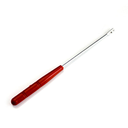Fish hook remover tool with red handle and metal extractor prongs