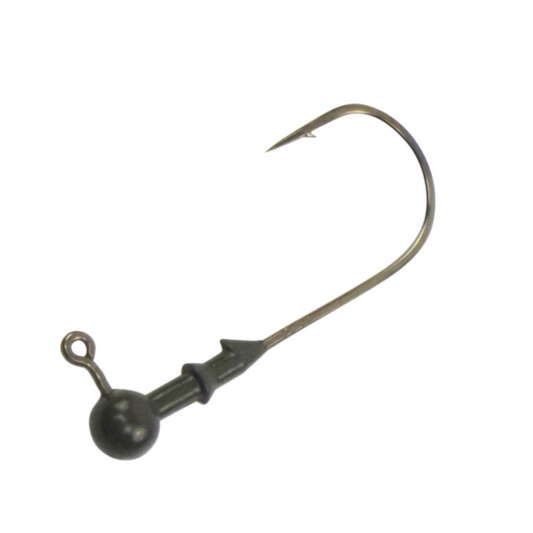 Tungsten round jig head with 3/0 hook, dark finish, loop eye