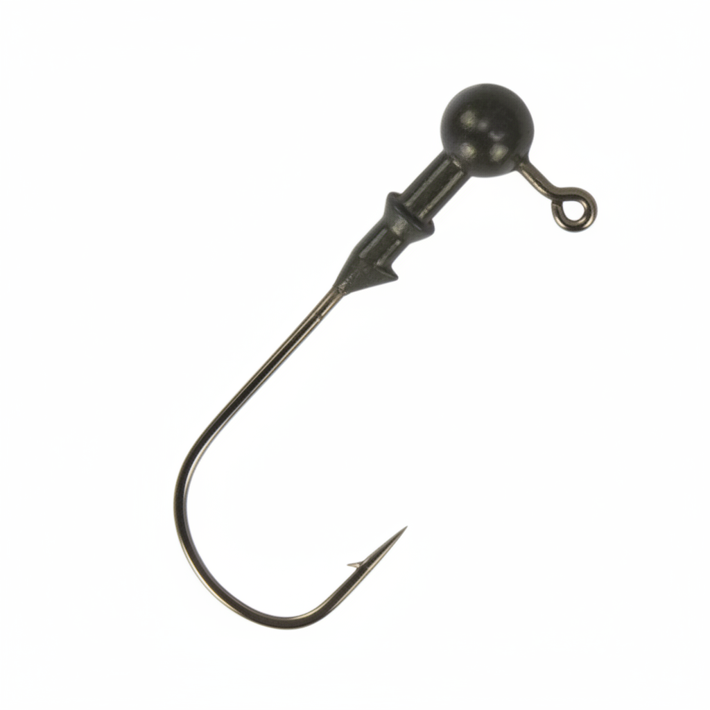Tungsten round jig head with offset 3/0 hook and dark ball head