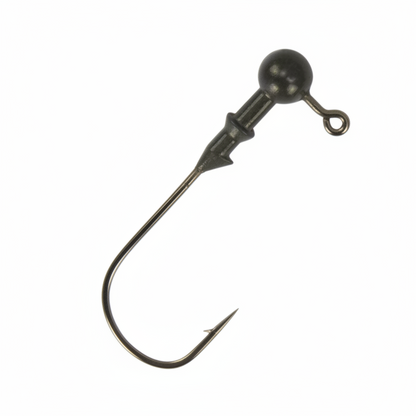 Tungsten round jig head with offset 3/0 hook and dark ball head
