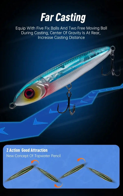 Leydun Ministre Jack sinking pencil lure 80mm 14g in translucent blue silver with red eye and pink tail fin