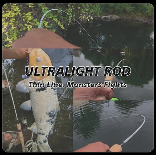 Ultralight fishing rod with thin line and cork handle, fish shown beside it