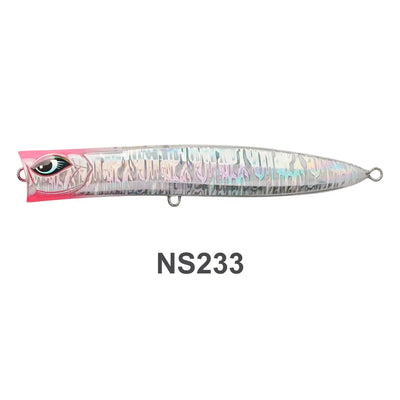 Floating wobbler fishing lure, holographic silver with pink accents, double hooks