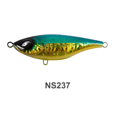 Hard fishing lure, dark green top with gold accents, yellow-green eye