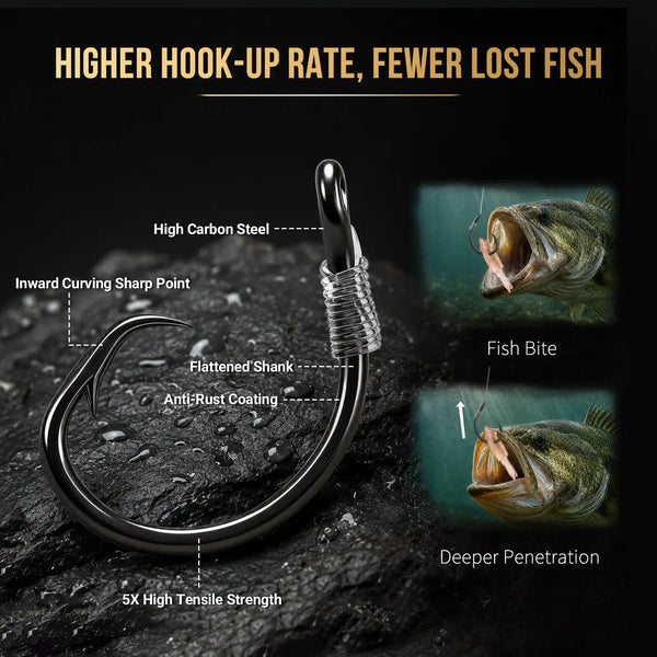 Single circle fishing hook rig with coiled swivel and sharp point, anti-rust metal