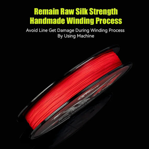 Red braided PE fishing line spool, close side view of tightly wound line