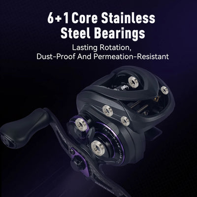 Black baitcasting reel with dual handle knobs and 6+1 core stainless bearings