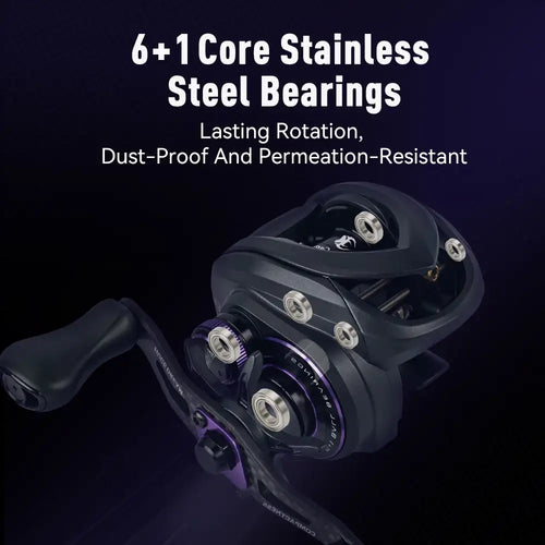 Black baitcasting reel with dual handle knobs and 6+1 core stainless bearings