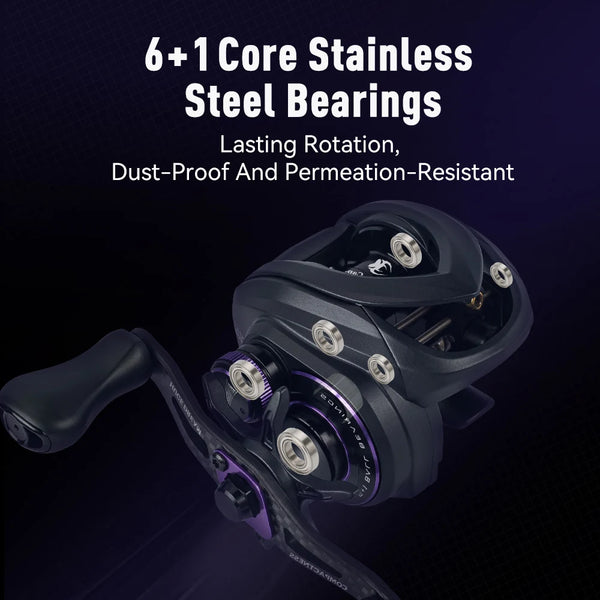 Black baitcasting reel with dual handle knobs and 6+1 core stainless bearings