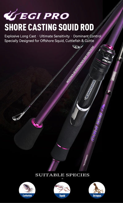 Purple EGI Pro shore casting squid rod with black reel seat and front guide
