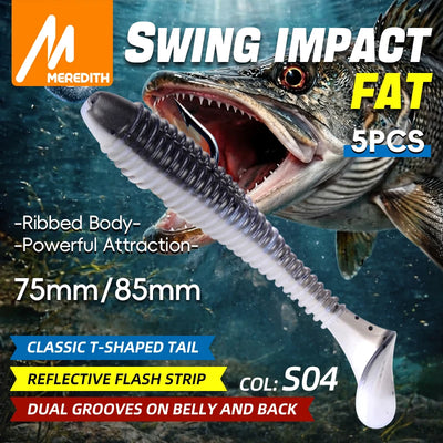Meredith paddle tail soft plastic lure, dark ribbed body with white underside, classic T-tail