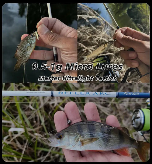 Hand holding a small fish next to a micro ultralight fishing rod