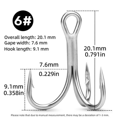 Size 6# chrome treble hook, overall 20.1mm, three barbed points