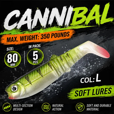 Olive green paddle tail swimbait with pink-tinted tail, soft bait body and stripes.