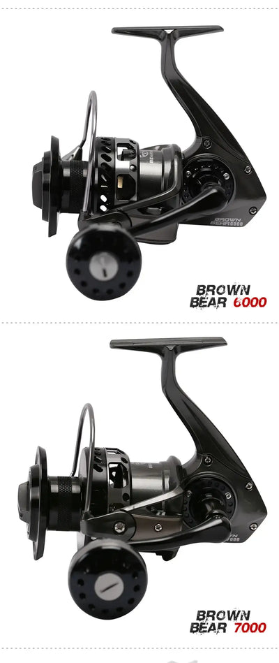 Black spinning reel, angled view with spool and handle, compact profile