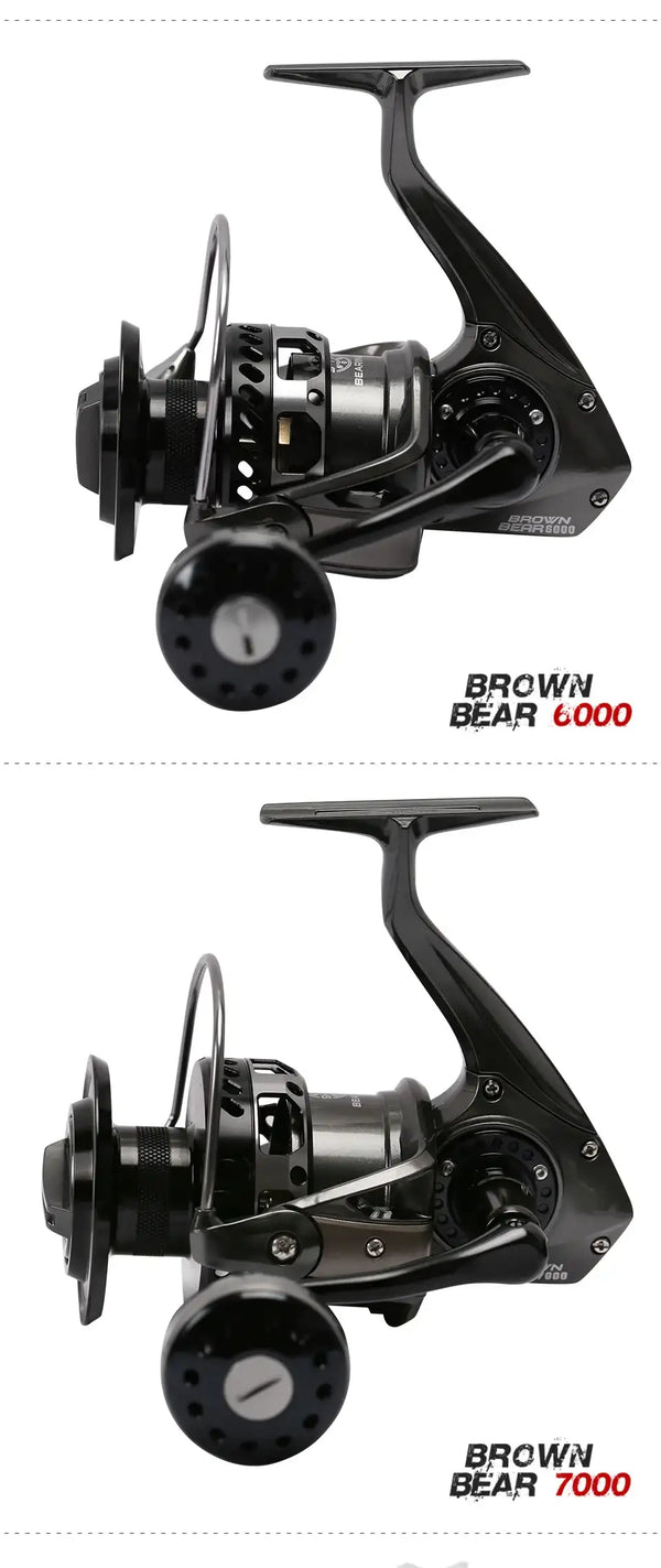 Black spinning reel, angled view with spool and handle, compact profile