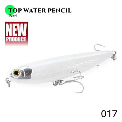 Floating pencil fishing lure in pearl white with gold eye and treble hooks