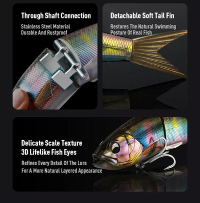 Multi-jointed swimbait hard lure detail with metal shaft, detachable soft tail fin, treble hook.