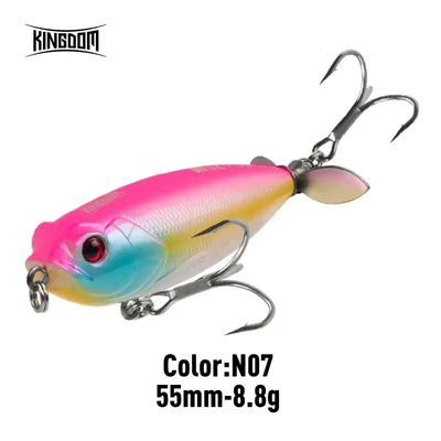 Pink-blue topwater pencil lure with silver propeller tail and red eye, double treble hooks