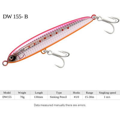 Pink and orange sinking pencil fishing lure with treble hooks, DW155-B color