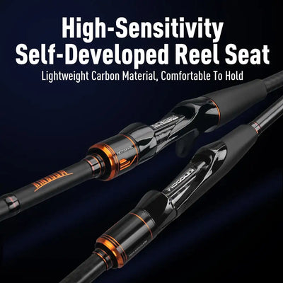High-sensitivity self-developed reel seat on a black fishing rod blank with orange bands.