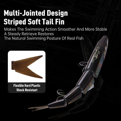 Kingdom multi-jointed swimbait lure with striped soft tail fin, hard body