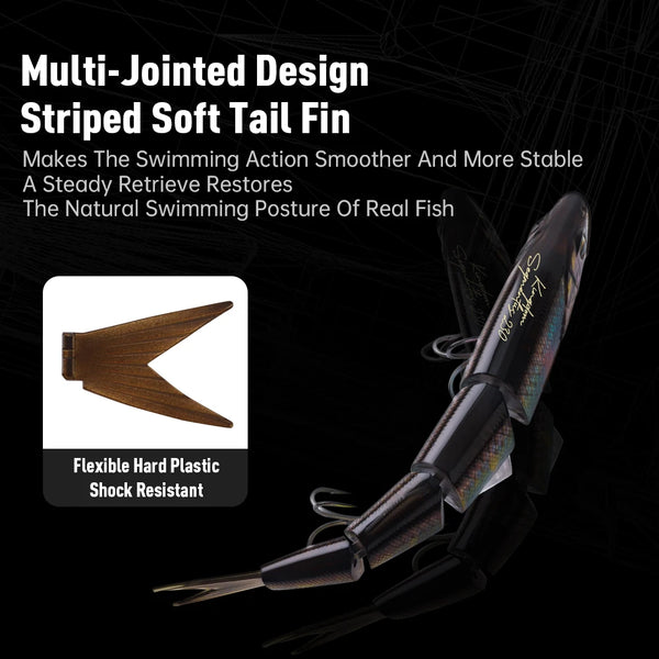 Kingdom multi-jointed swimbait lure with striped soft tail fin, hard body