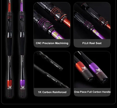 Fishing rod reel seat and purple accents with CNC-machined black components