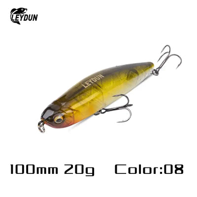 A leydun z-claw floating pencil stickbait 100mm in yellow brown gradient with three treble bkk hooks for topwater fishing