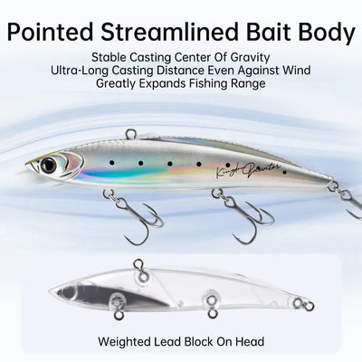Sinking lipless crankbait with treble hooks, silver body and weighted lead head block