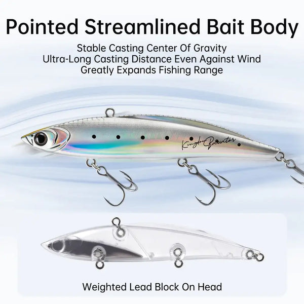 Sinking lipless crankbait with treble hooks, silver body and weighted lead head block
