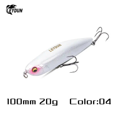 LeyDun Z-Claw floating pencil stickbait in white with pink gold eye and three treble BKK hooks for topwater fishing