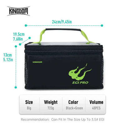 Big black egi storage bag with green octopus logo and teal top carry handles
