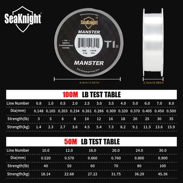 SeaKnight T1 II Manster fishing line spool with 100 lb and 50 lb test table