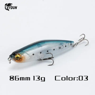 Leydun Z-Claw 86mm artificial minnow fishing lure in translucent blue silver with black spots gold eye and triple hooks