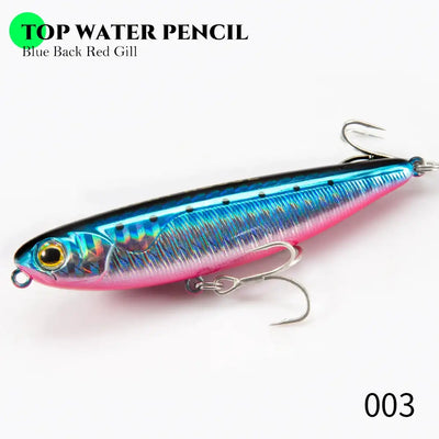 Floating pencil fishing lure in blue and pink with black back stripe and treble hooks