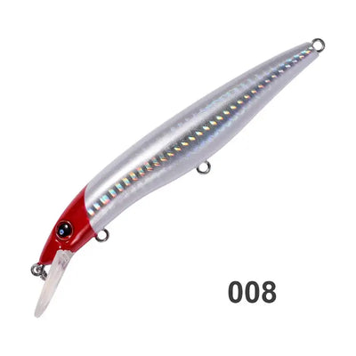 Silver and red floating minnow hard fishing lure with rainbow stripe, treble hooks
