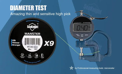 Braided fishing line spool on diameter test with micrometer gauge